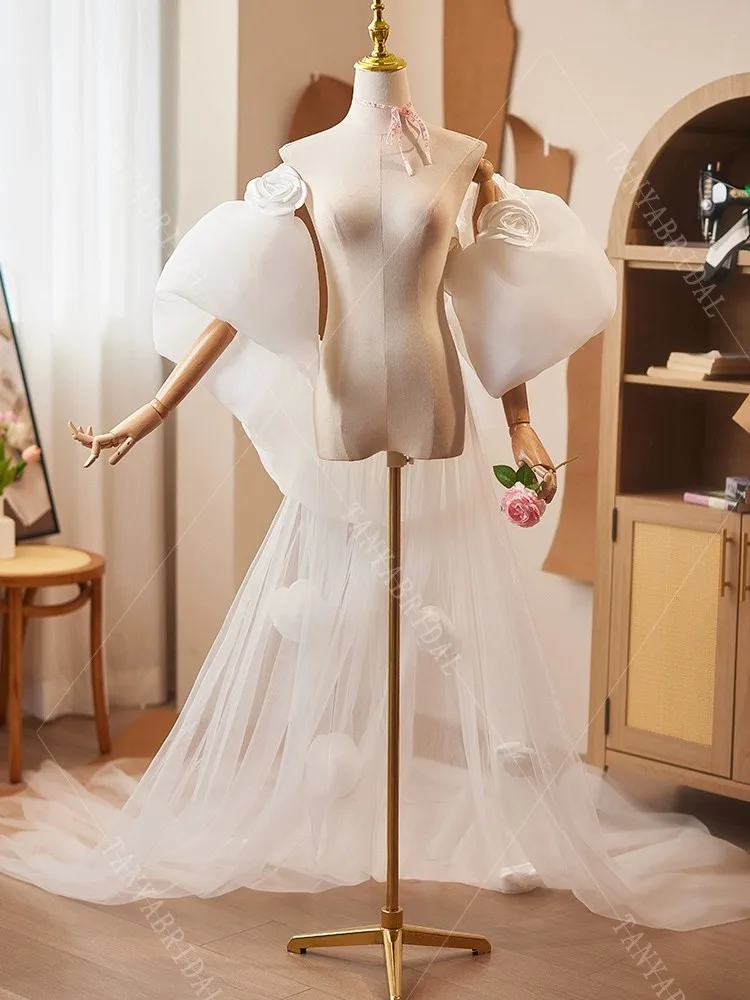 Romantic 3D Flowers Tulle Wedding Cape With Long Train,Elegant Puffy Sleeve Bridal Jacket,Fashion Women Outfit Coat Chic TSWD562