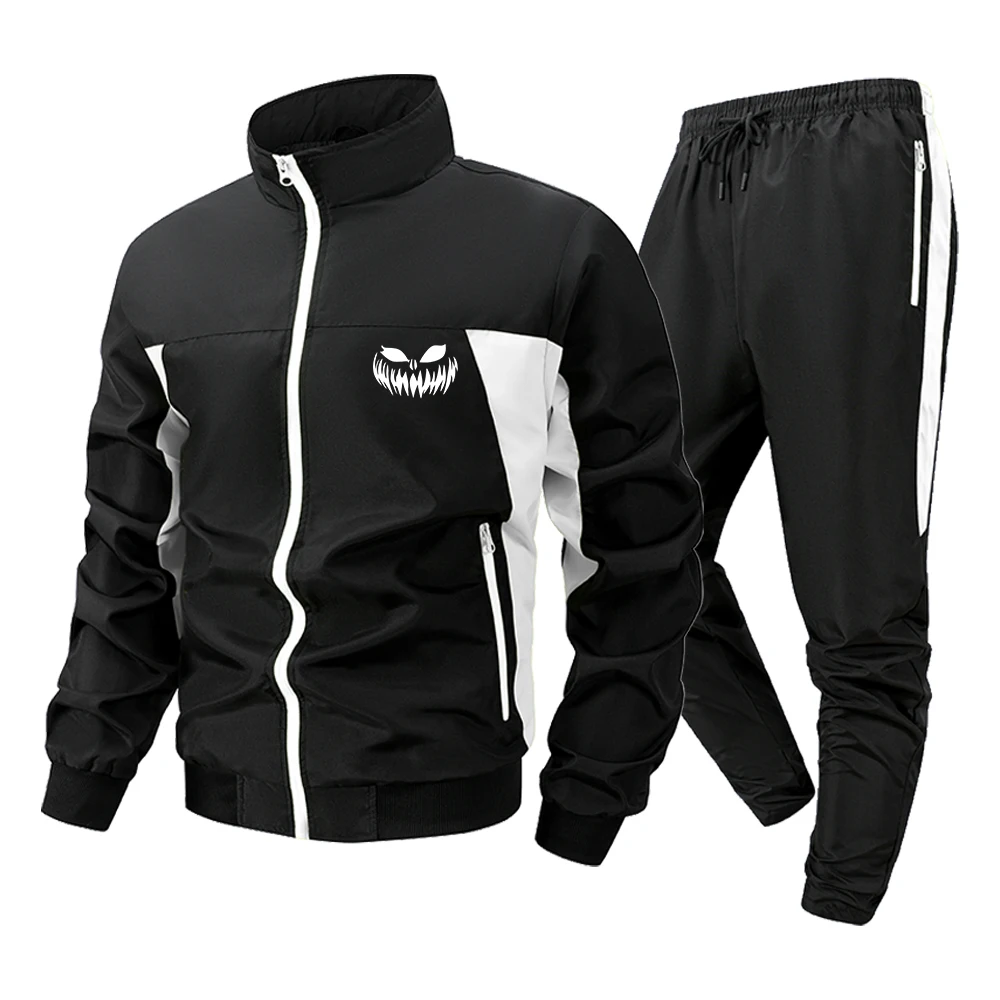 

Men's Tracksuit 2 Piece Set Sportswear Colorblock Zip Up Jacket and Jogger Pants Casual Sweatsuit with Monster Teeth Print