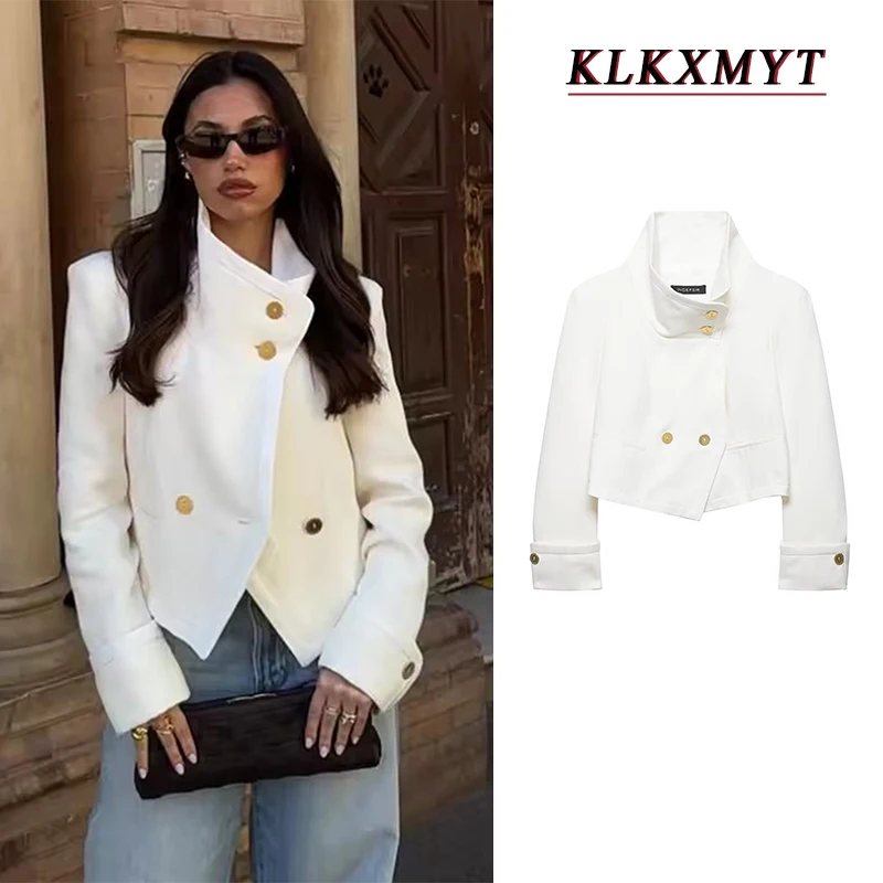 

2026 Women Fashion Double Breasted Short Blazer Women Long Sleeves Vintage Slim Jacket Female High Street Elegant Suit