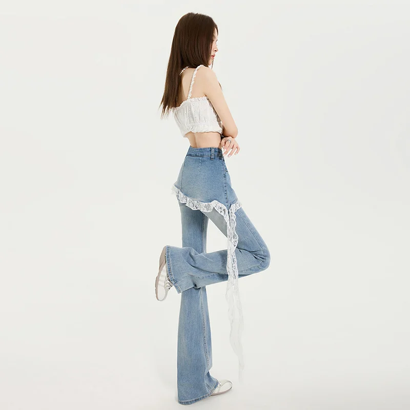 Pantalones acampanados de mezclilla Harajuku Y2K de retazos de encaje de diseño ajustado coreano para mujer, pantalones largos con parte inferior de campana Kpop de los años 2000, Gyaru Abi Jean nuevo