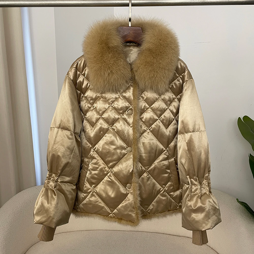 

Real Mink Fur Puffer Jacket Natural Fox Fur Jacket Women Autumn Winter Large Fur Collar Short Casual 90 White Duck Down Coat