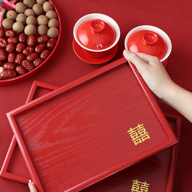 Chinese Wedding Red Rectangular Tray, Household Tea Set Accessories, Tea Tray, Wedding Fruit Tray, Snack Offering Tea Tray