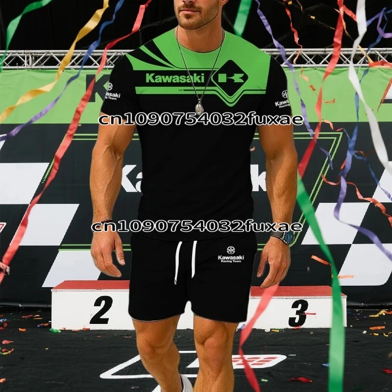 

2026 Summer Men New Kawasaki Logo Motorcycle Sportswear Round Neck Short Sleeved T Shirt Men Sports Shorts Casual Two-piece Set