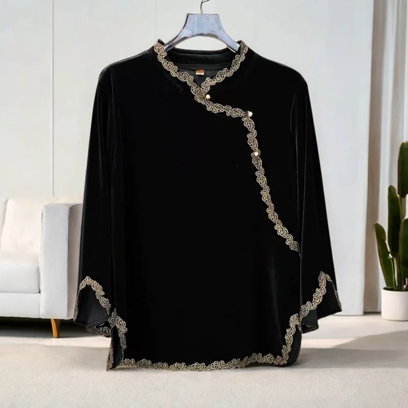 

2025 New Chinese Style Gold Velvet Top Long-sleeved Bottoming Shirt T-shirt Middle-aged Mother Spring Fashion Lady