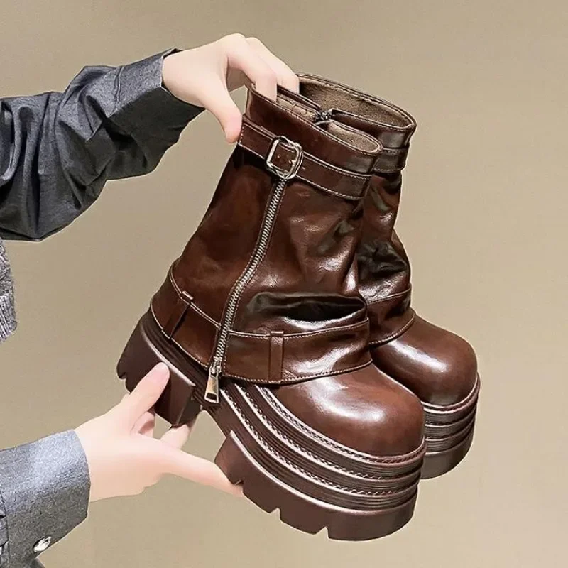 

10CM Women's Autumn Winter Leather Ankle Boots Heels Chunky Platform Combat Boots New Non Slip Motorcycle Shoes Woman Punk Boots
