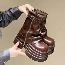 10CM Women's Autumn Winter Leather Ankle Boots Heels Chunky Platform Combat Boots New Non Slip Motorcycle Shoes Woman Punk Boots