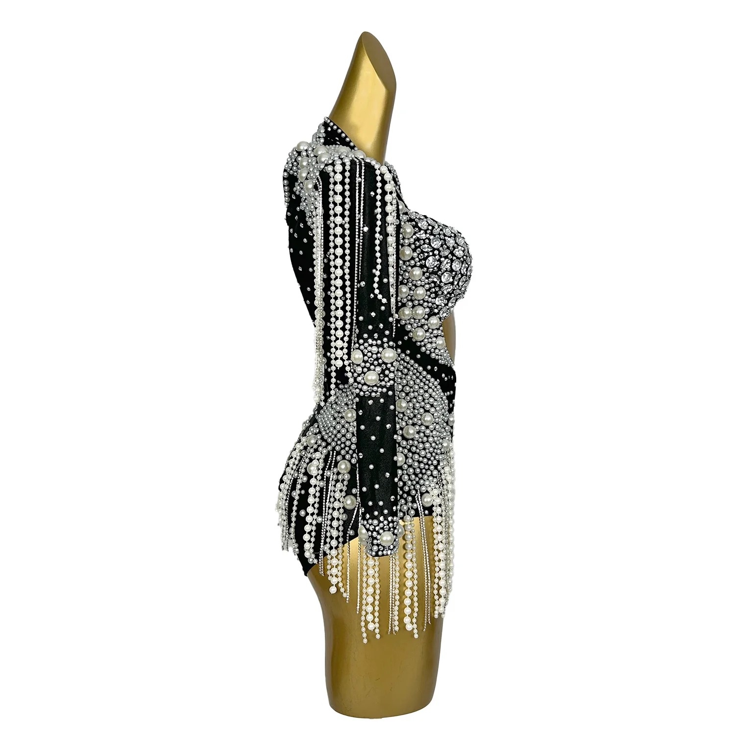 Women Sparkly Rhinestone Pearls Tassel Bodysuit Carnival Party Dance Stage Show Wear Spandex Bodycon Exquisite Bodysuit Cangxuan