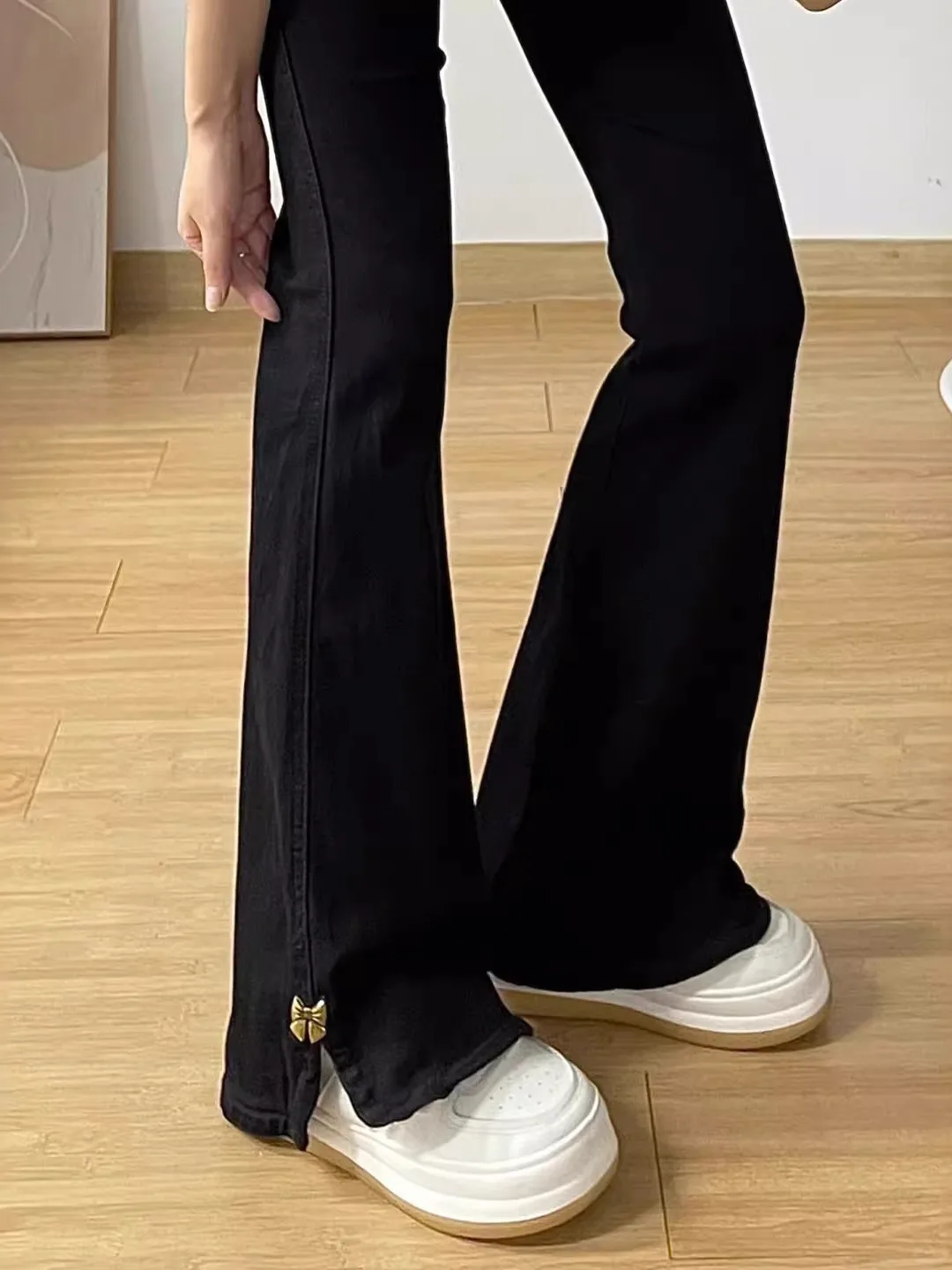 

Black High Waist Bell Bottom Denim Jeans Women Summer plus Size Hiding Hip Pear Shape Body Slimming Floor Length Pants