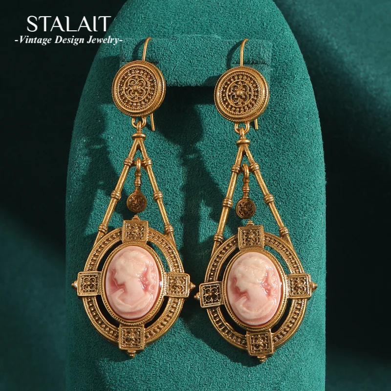 

Vintage Antique Gold Color Cameo Pink Earrings Drop Dangle Nature Relief Beauty Charm Woman Accessories Jewelry 2025 New Trend
