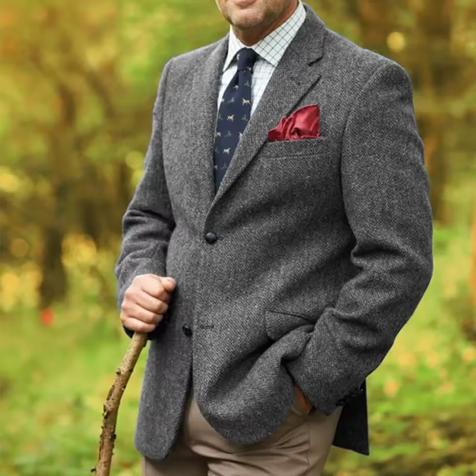 

Mens Herringbone Blazer Notched Lapel Single Breasted Wool Blend Casual Fashion Slim Fit Comfortable Elegant Party Business Suit