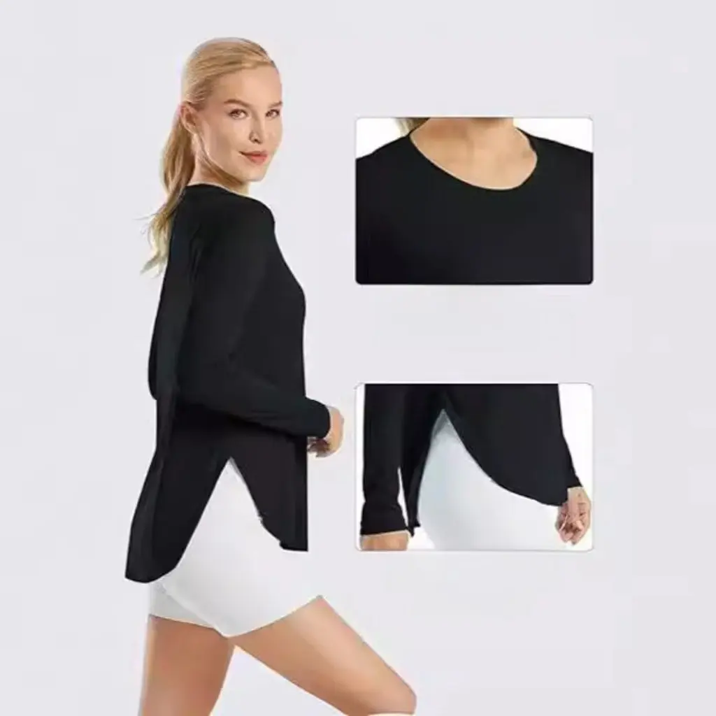 

Spring Summer Women's round Neck Pullover Long-Sleeve T-Shirt Lightweight Silk-Like Top Versatile European American Style