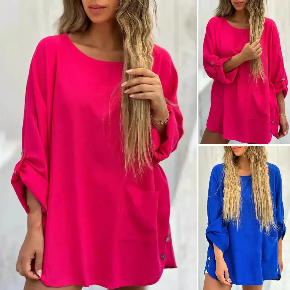 Top holgado de manga larga para mujer, camisa informal elegante con bolsillo, Color sólido, ropa de calle