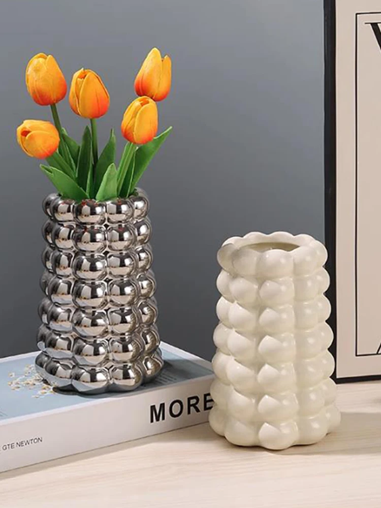 

Simple Ceramic Vase Ornament White Silver Flower Arrangement Container Living Room Dining Table Floral Vase Home Decoration New