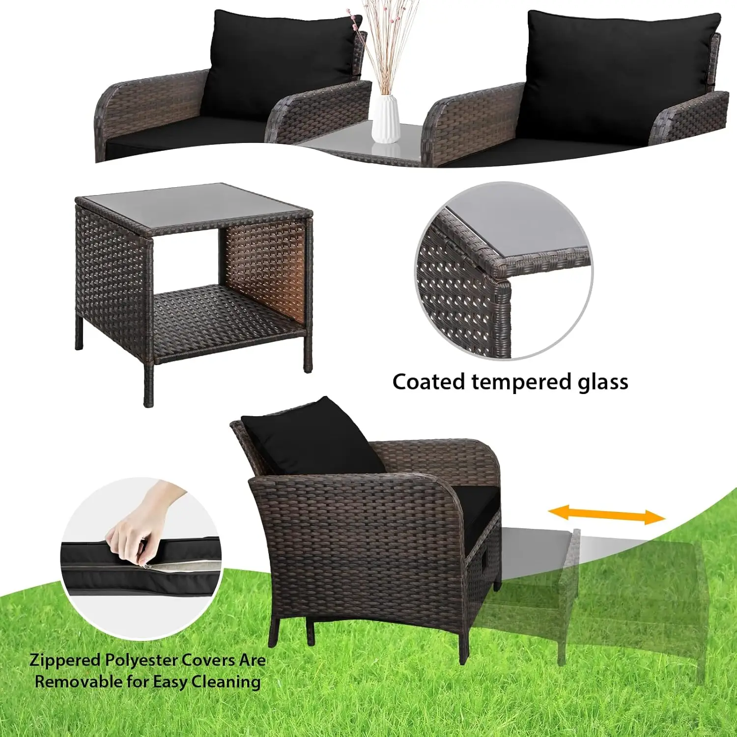 Balcony Furniture 5 Piece Patio Conversation Set, PE Wicker Rattan Outdoor Lounge Chairs with Soft Cushions 2 Ottoman&Glass