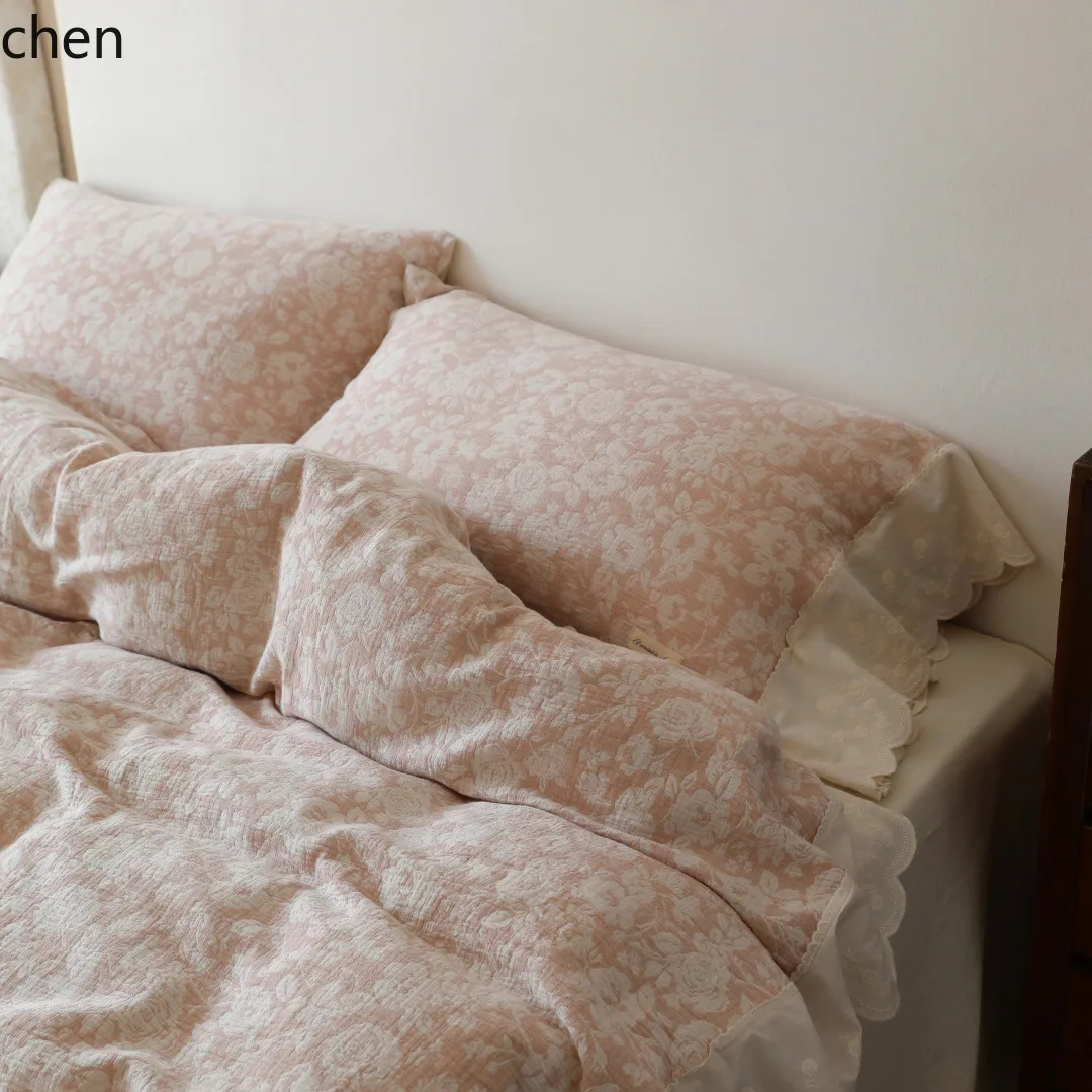 H1Home Atmosphere Class A Double-layer Gauze Four-piece Set, Soft Gauze Duvet Cover with Vintage Lace, Gentle All-season Bedding