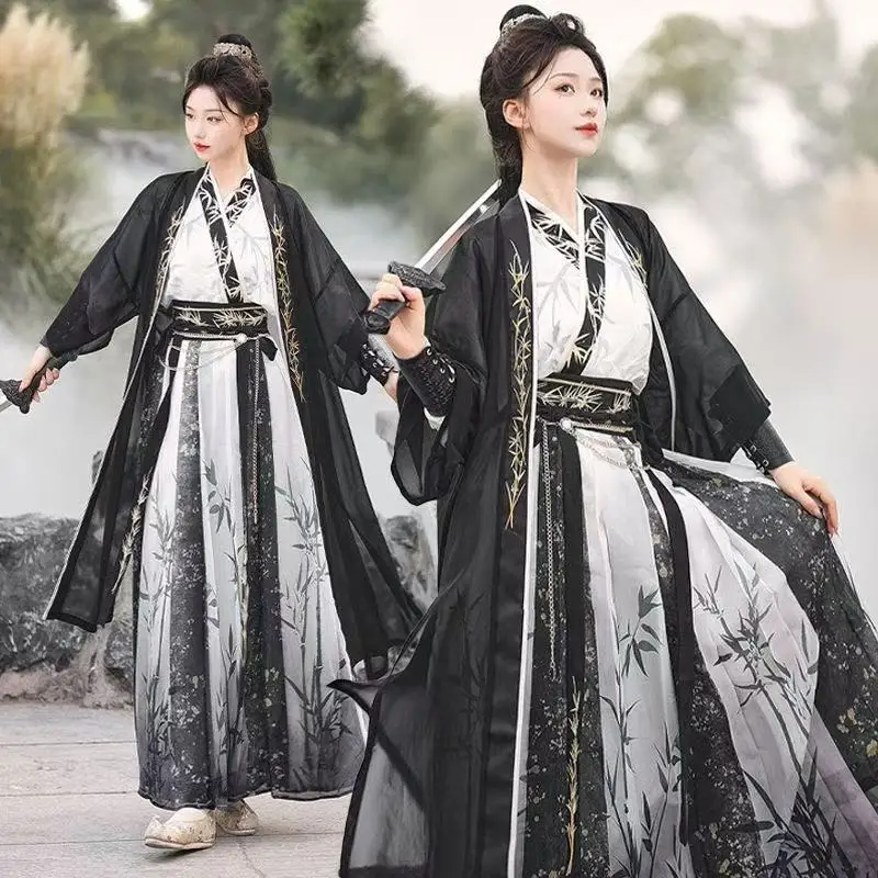고대 무술 Hanfu 남자 여자 전통 대나무 인쇄 크로스 칼라 의상 빈티지 할로윈 코스프레 무대 쇼 정장