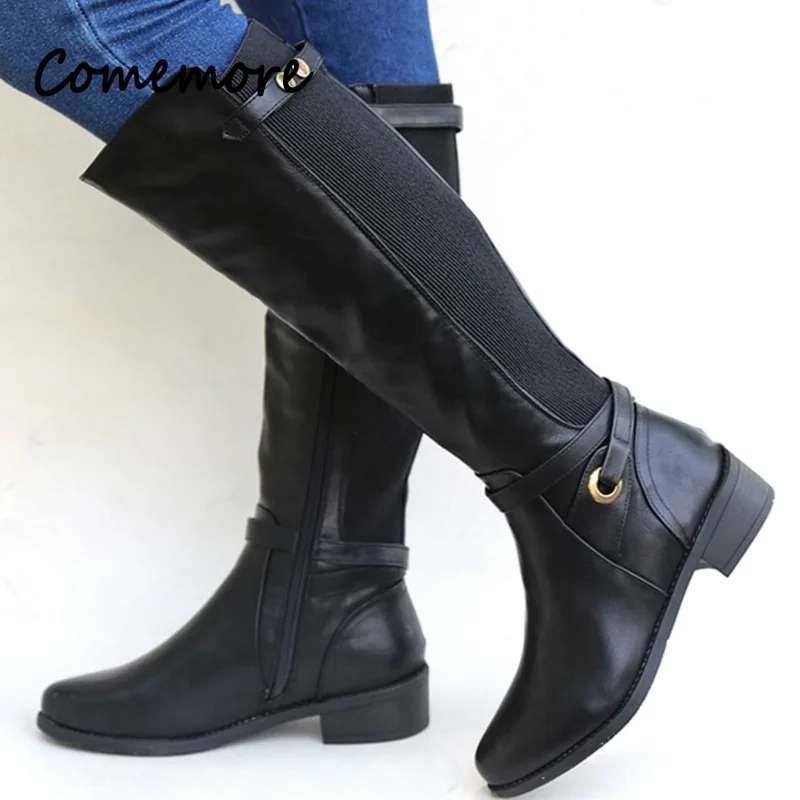 Comemore Women\'s Buckle Long Knight Boots Female Combat Boots Women Low Heels Shoes Plus Size Women Zip Leather Knee High Boots