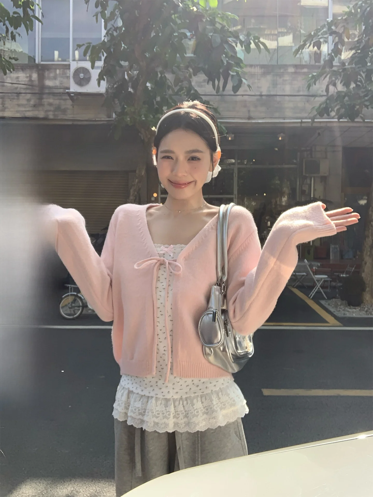 

Pink Knitted Open Cardigan Women's Loose Style Korean Fashion Spring New Arrival V-Neck Long Sleeve Vest Top by Song Zhengen