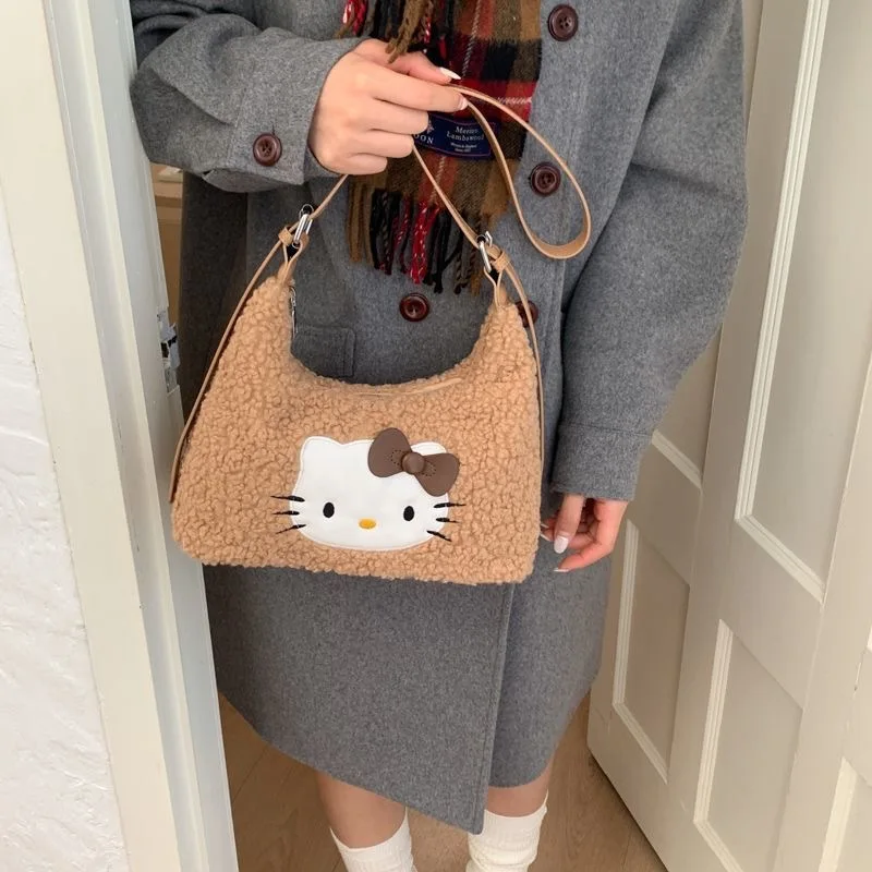 

Retro plush Kitty shoulder crossbody bag Girl Tote Handbag Stylish Versatile Commuter Backpack Kawaii Plush Bags Casual Handbag