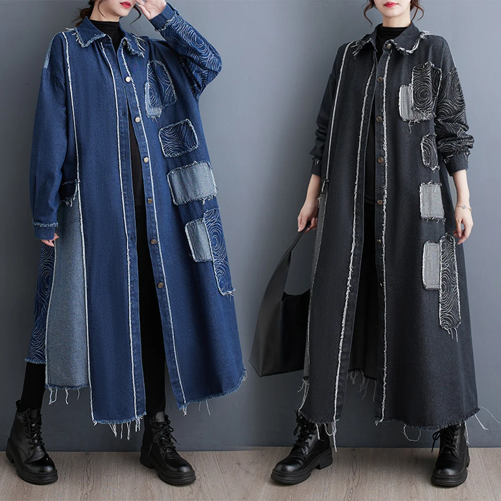 NYFS 2023 New Autumn Winter Big size Loose Single Breasted Denim Trench Coat Women Vintage Print Patchwork Long Windbreaker