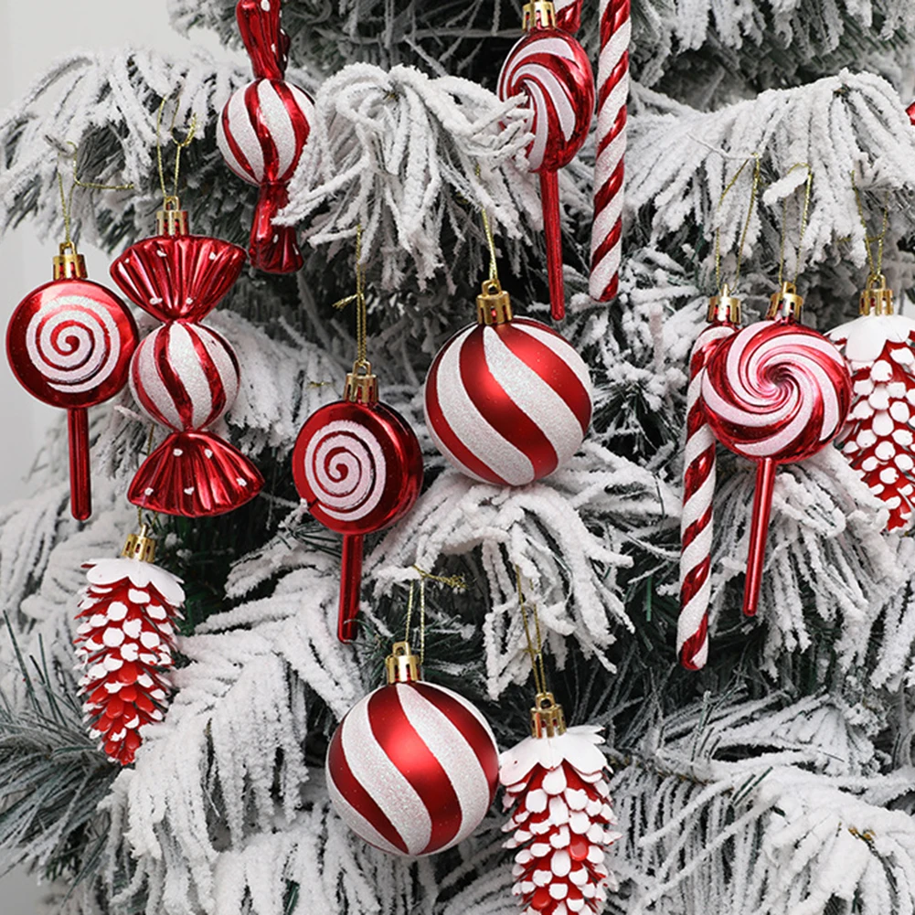 

15pcs Christmas Tree Balls Hanging Pendant Candy Cane Pine Cone Lollipop Ornaments For Home 2024 New Year Gifts