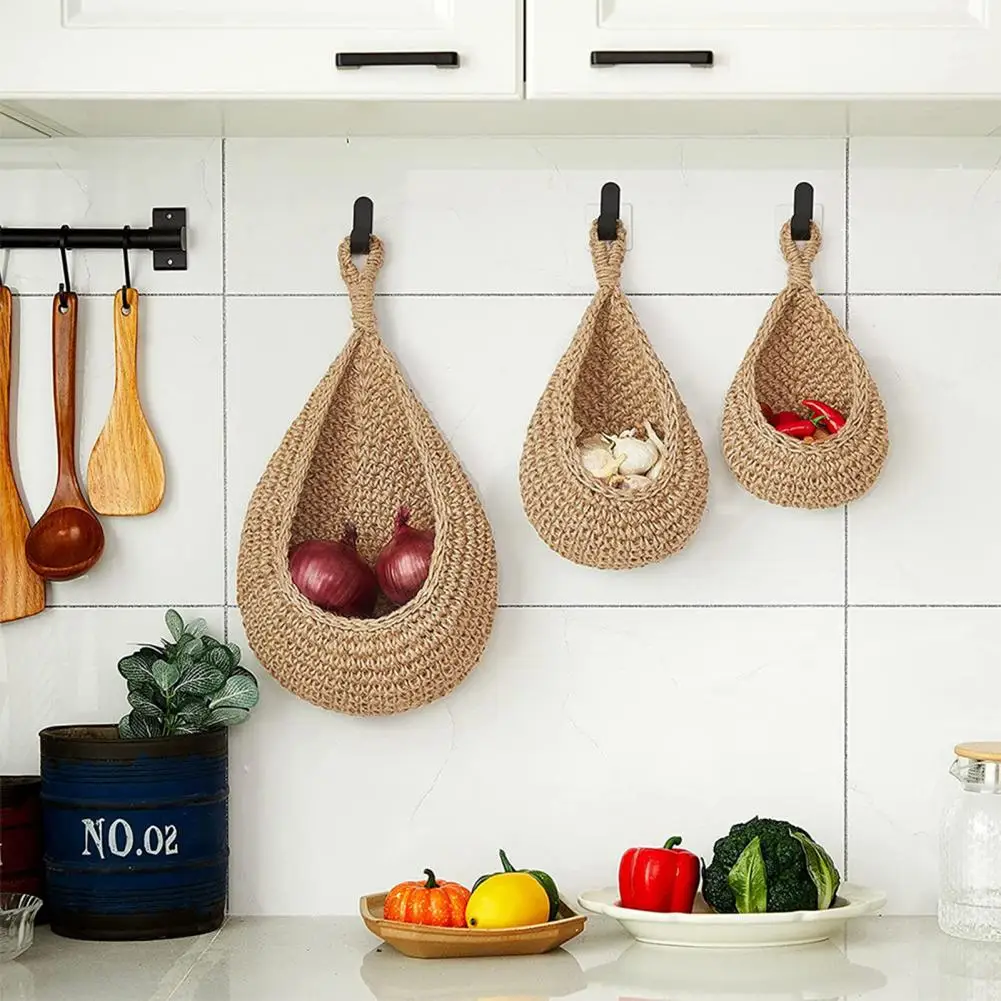 Mesh Fruit Rack Boho Wall Hanging Fruit Baskets Set for Kitchen Organization Handwoven Teardrop Storage Baskets Fruit Organizer