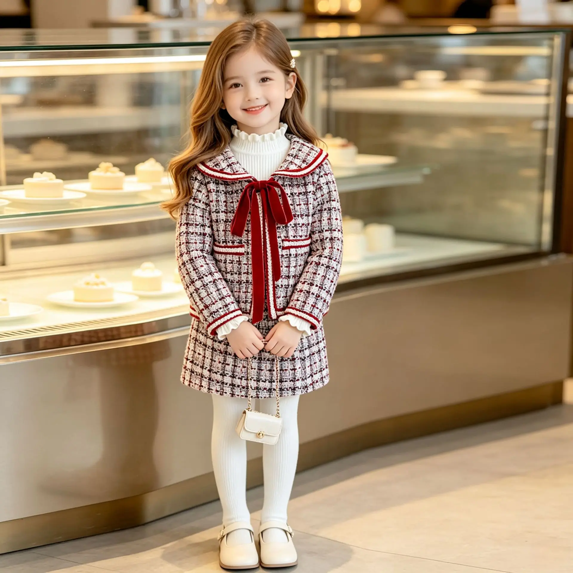 Girls Gentle Temperament Two-piece Sets Premium Feel Autumn New Kids Sailor Collar Bowknot Coat and Skirt Sets