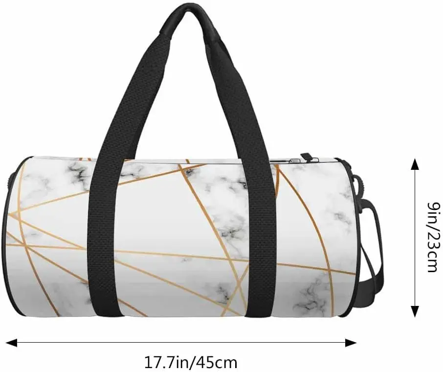 White Marble Travel Duffle Bag Golden Geometric Lines Marbling Modern Luxurious Overnight Bag Weekender Bag Travel Sport Gym Bag