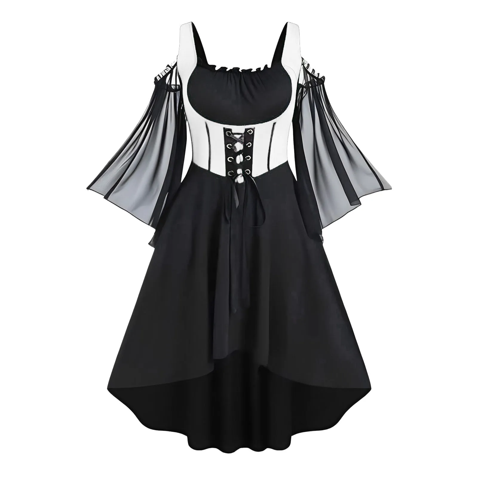 Cosplay Gothic Ruffles Dress Cold Shoulder See Through Flare Sleeves Lace Up High Low A Line Midi Vestidos Dresses For Women 5XL