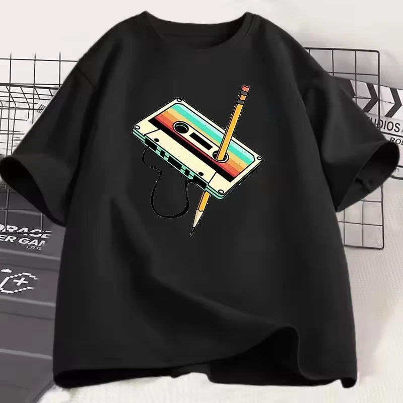 1980s Retro Music Men's Women's Short Sleeve 80s Cassette Ribbon Pencil Men's Women'sT-Shirt Oversized Loose Couple's T-Shirts