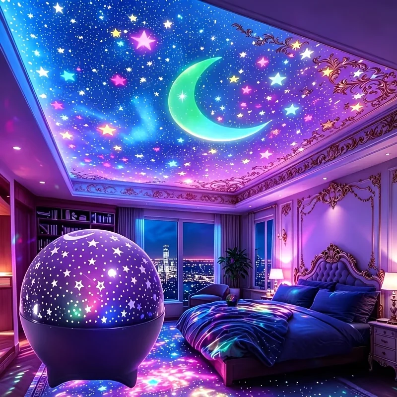 Starry Sky Moon Projector Light RGB 7 Modes Auto Change Color LED Night Light 5V USB Plug Kids Room Ambient Decor Birthday Gift