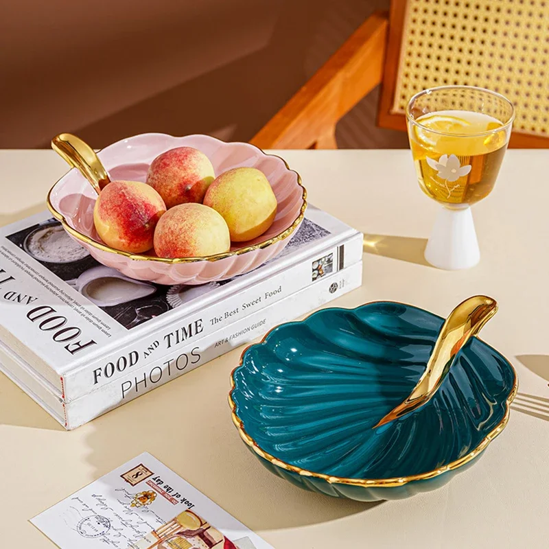 European Classical Ceramic Phnom Penh Leaf Fruit Tray Home Living Room Dim Sum Candy Snack Tray Modern High-value Dessert Bowl