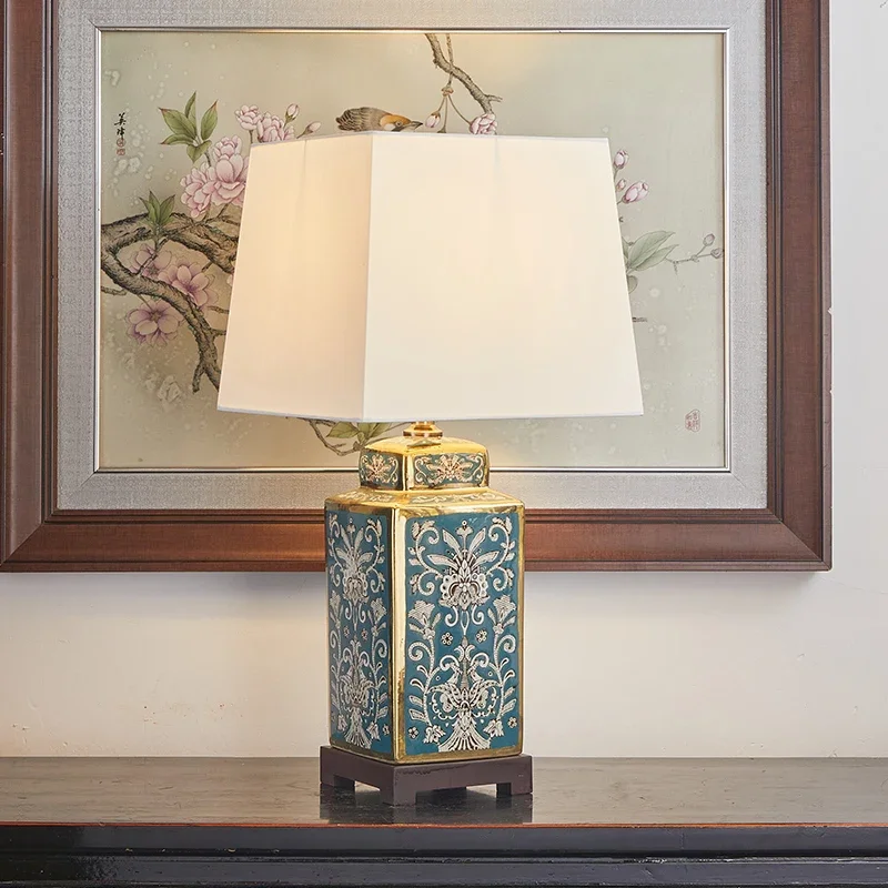 Square new Chinese desk lamp Bedroom bedside retro living room study tea room lamp Home bed and breakfast desk lamp