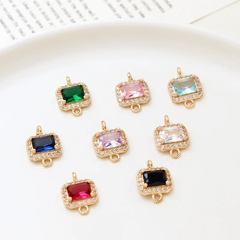 6pcs Copper Plated Gold Micro-inset Zircon Pendant Diy Jewelry Rectangular Double Hanging Earrings Connection Accessories