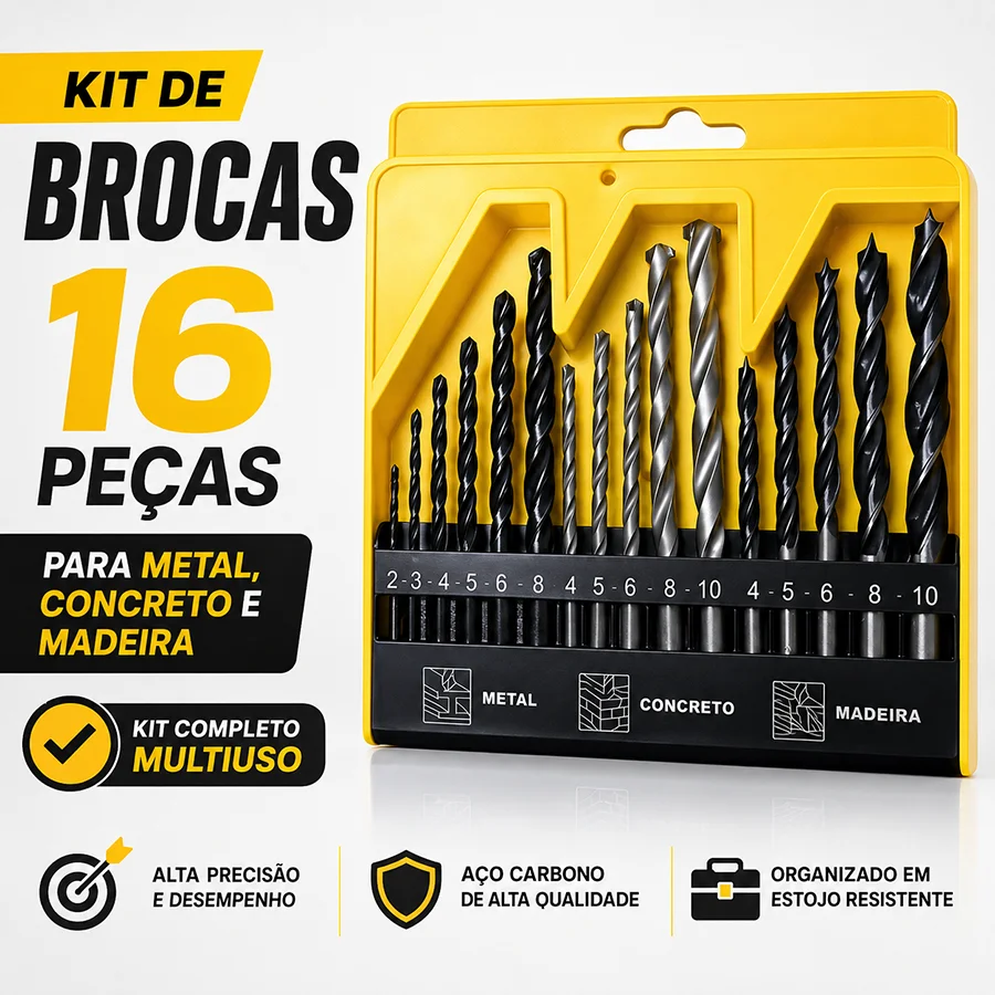 Conjunto de 16 Brocas com Pontas de HSS para Metal, Concreto e Madeira 2-10mm, Estojo de Armazenamento