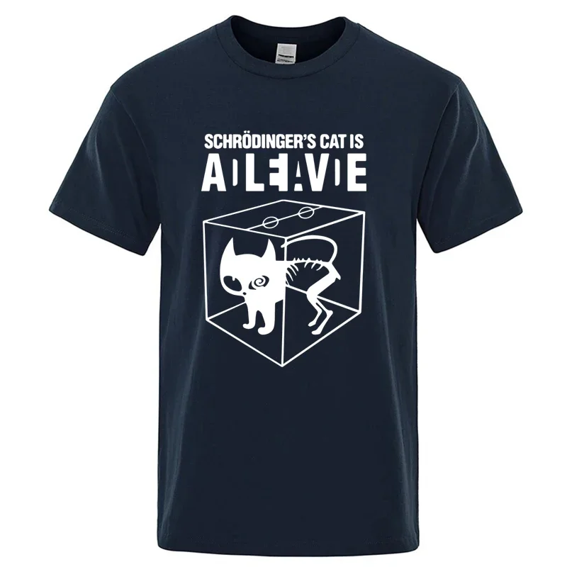 

Мужская футболка высокого качества из 100% хлопка с принтом кота Шродигера, летняя повседневная крутая свободная футболка с круглым вырезом для мужчин, мужские топы