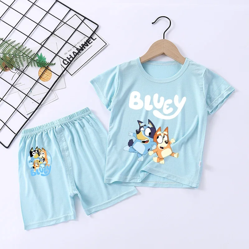 Bluey Kids Pajamas Thin Pajamas Suit Cartoon Bluey The Heeler Family Anime Baby Sleepwear Short Sleeve Tops Shorts 2 Piece Set