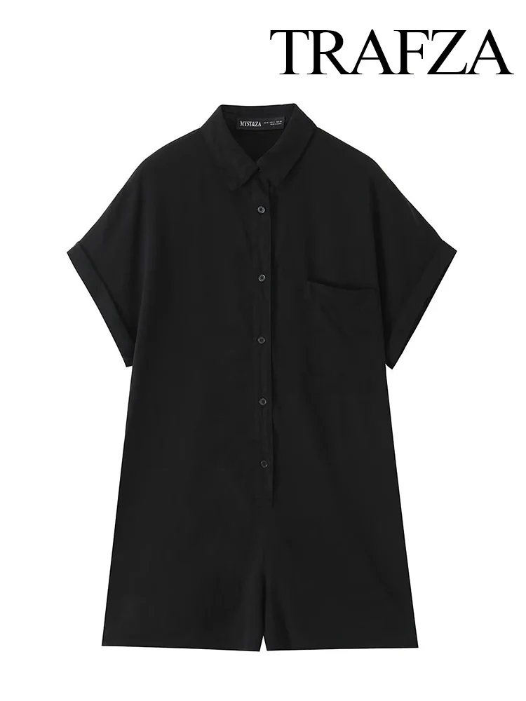 

TRAFZA Women's Fashion Lapel Single Breasted Pocket Decorative Short Jumpsuit Female Elegant Casual Commute Sleeveless Jumpsuit