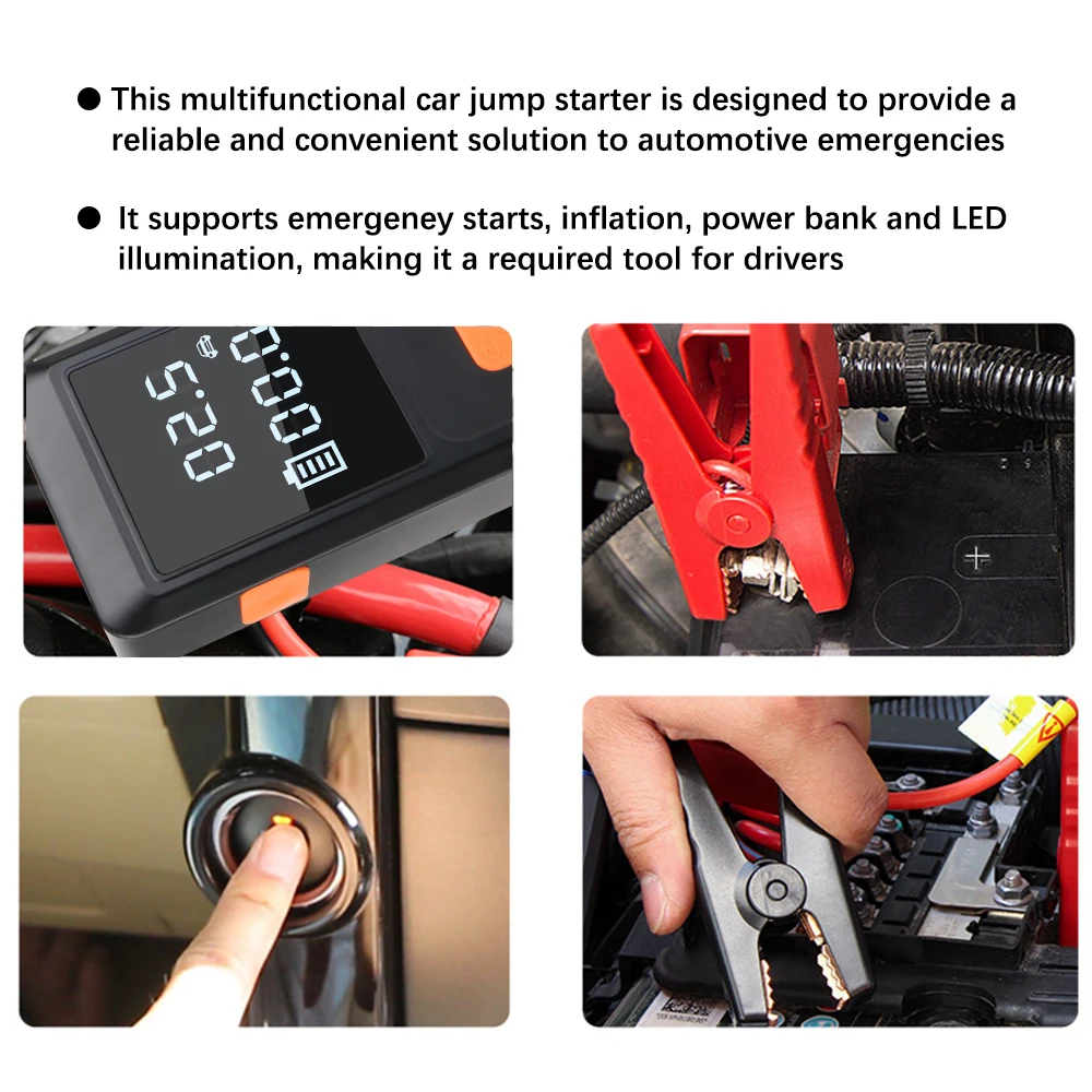 With LED Light with Air Compressor Automobile Battery Booster Power Pack Jump Starter 1000A Peaks Power Bank Tire Air Pump