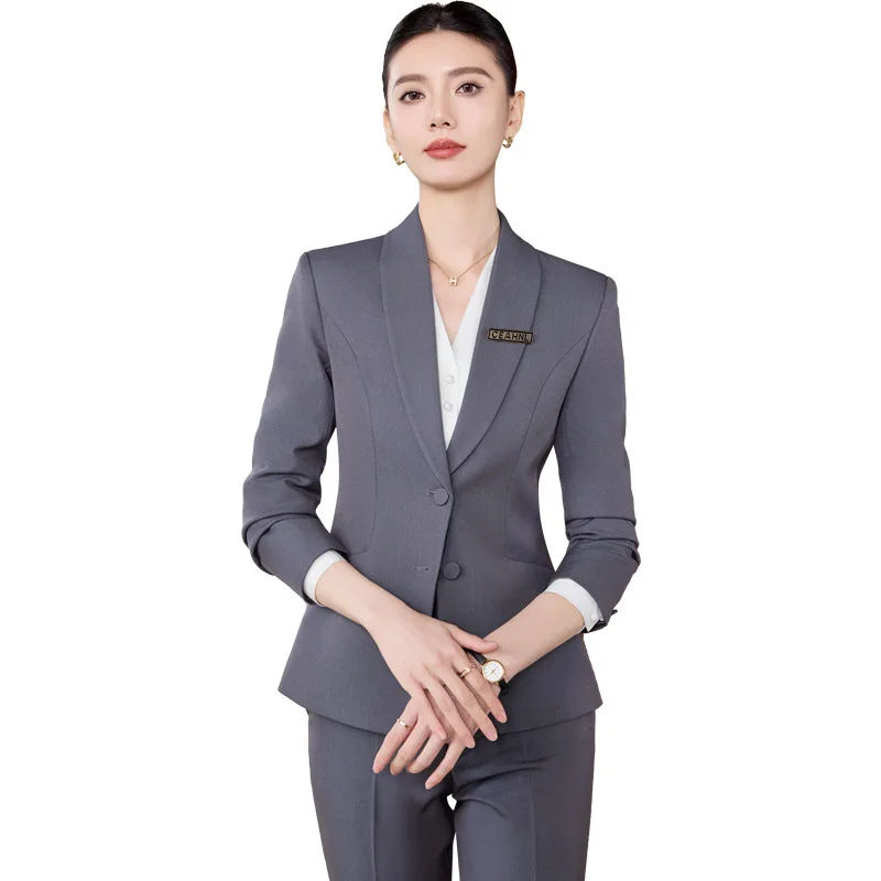 Gray Professional Suit Set for Women, Spring and Autumn, Elegant Hotel Front Desk Uniform, Waiter Workwear, Blazer Jacket