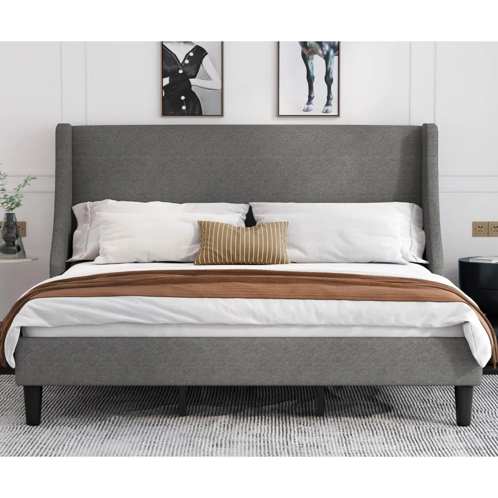 

King Size Bed Frame, Platform Bed Frame with Upholstered Headboard, Modern Deluxe Wingback, Wood Slat Support