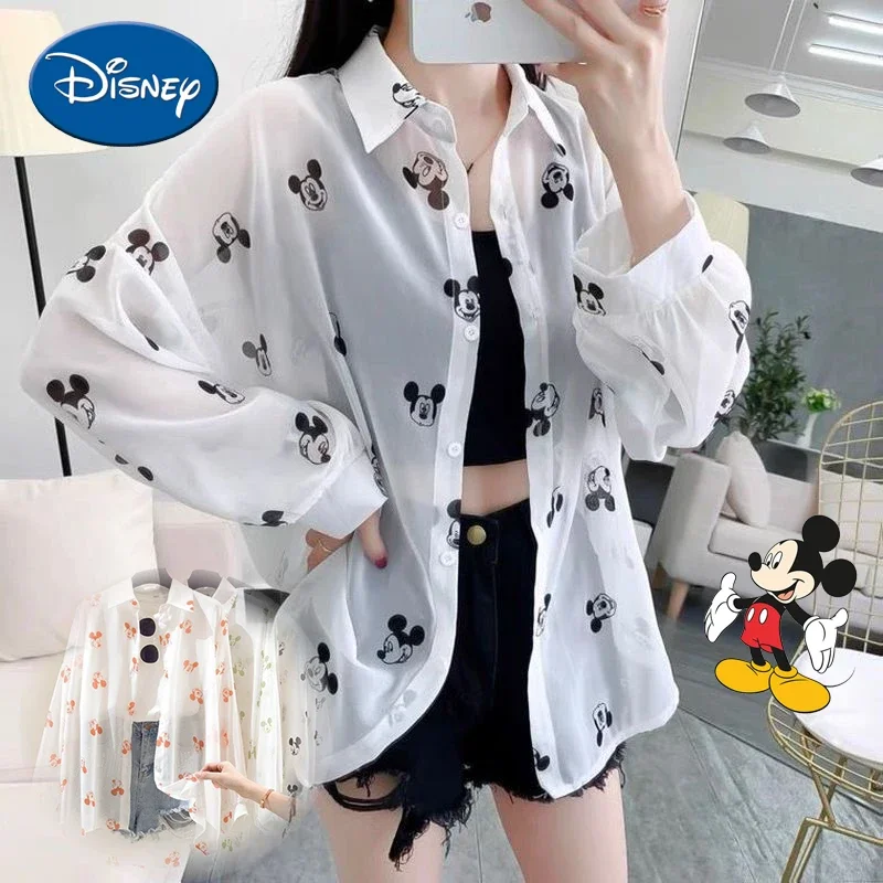 Disney Mickey Mouse Women\'s Sun Protection Clothing Cute Animation Ultrathin Chiffon Shirt Girls Sunscreen Shirt Blouses Tops