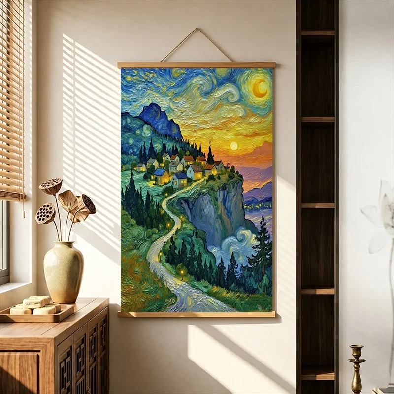 Starry Dream Village at Night Expressive Whimsical Pearlescent Canvas Wall Art Hanging Scroll Decor for Children's Bedroom