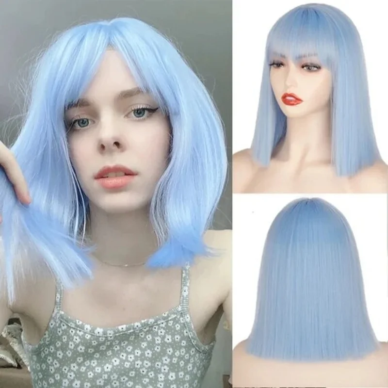 Short Straight Synthetic Wigs for Women Light Blue Bob Wig with Bangs