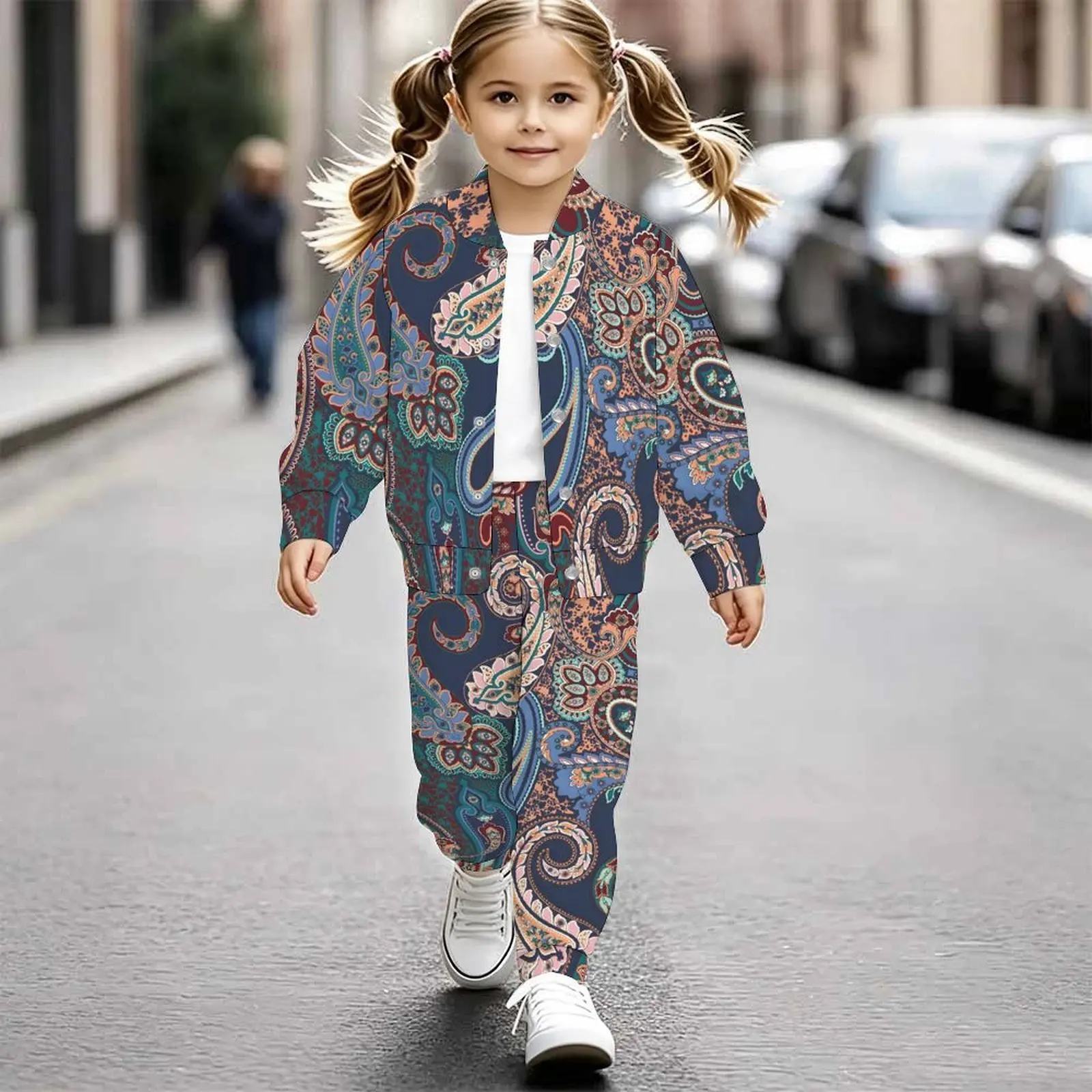 Girls  Adorable 2Pcs Print Long Sleeve Coat & Long Pants Set, Autumn Winter Sweet  Casual  Kids Fashion Set