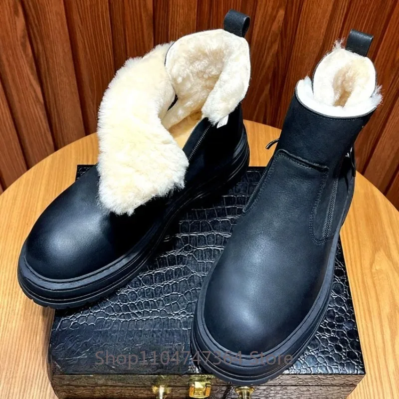 Vintage Winter Snow Boots Men's Wool Shoes Warm Outdoor Casual Chelsea High Top Cotton Ankle Snow Boots Male Genuine Leather