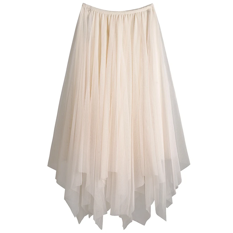 Asymmetrical Tulle Skirt Women 80cm Length Elastic High Waist Mesh Skirts Long Pleated Tutu Skirt Female Jupe Longue