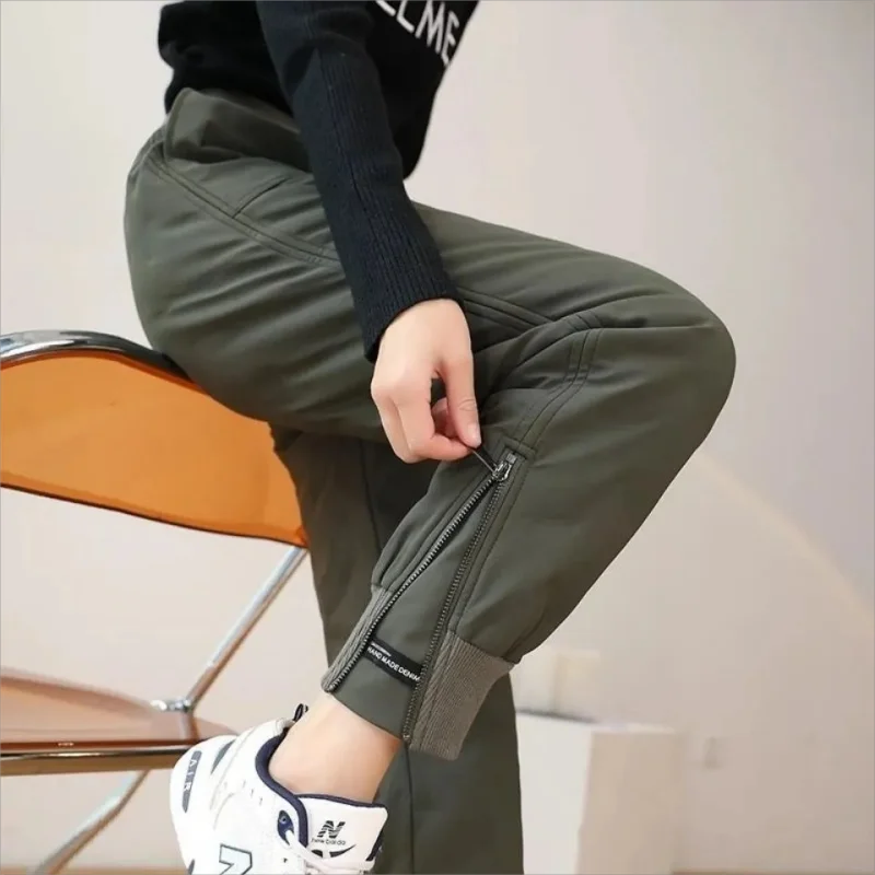 

Winter down cotton pants women's lace-up high-waisted sweatpants Side zipper casual straight leg warm vintage cotton pants