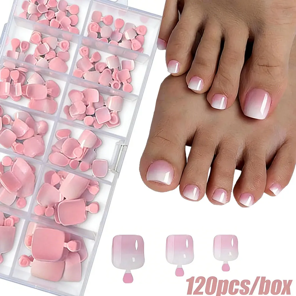 

120pcs French Ombre Pink Press On Toe Nails Short Square False Nails Toe Nails 12Sizes Ombre Pink Full Cover Wearable Toe Nails