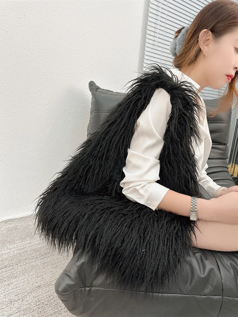 2023 NEW Wool Women\'s Plush Shoulder Bags Y2k Hot Girls Faux Fur Drawstring Bucket Bag Fashion Female Furry Purse Tote Handbags